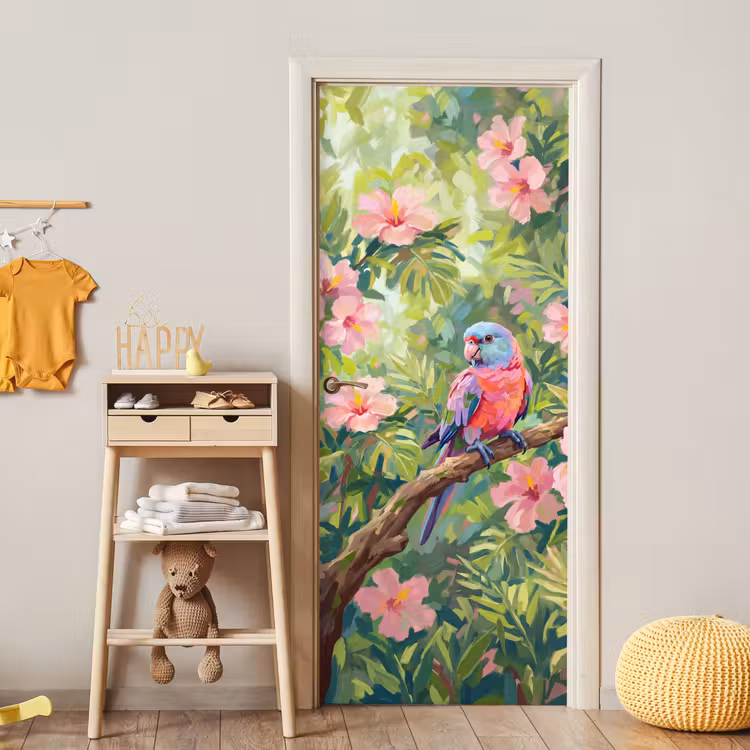 Deursticker - Papagaai - Hibiscusbloemen - Kleurrijk — 6