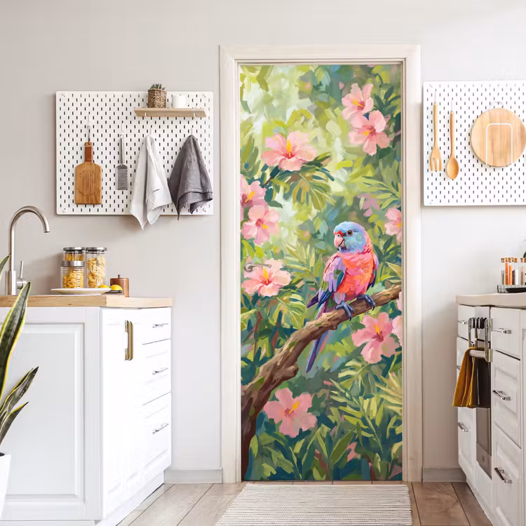 Deursticker - Papagaai - Hibiscusbloemen - Kleurrijk — 7