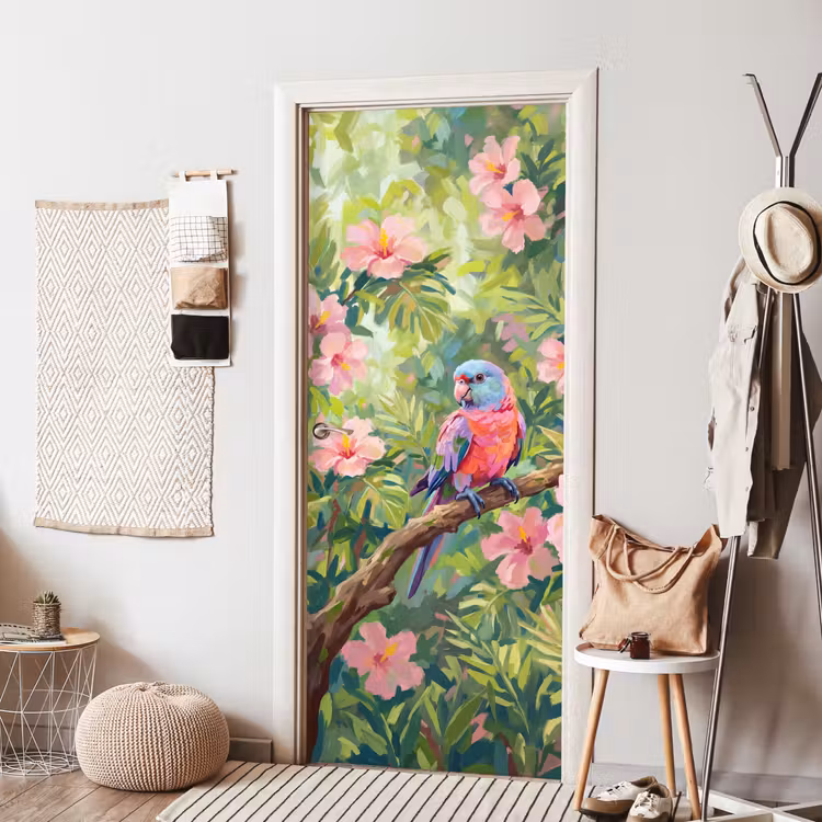Deursticker - Papagaai - Hibiscusbloemen - Kleurrijk — 8
