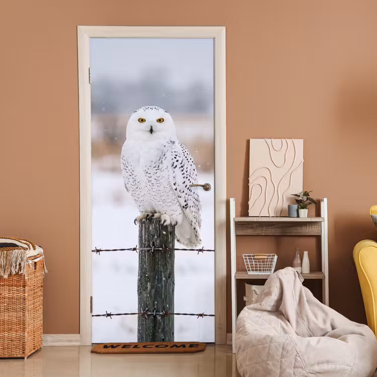 Deursticker - Sneeuwuil - Hek - Sneeuw - Wit — 2