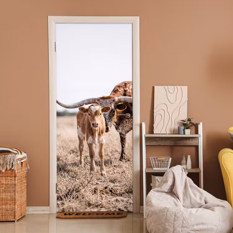 Deursticker - Texas Longhorn - Kalf - Weide - Dieren — 2