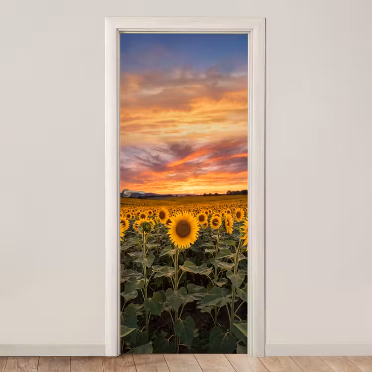 Deursticker - Zonnebloemen - Heuvellandschap - Geel — 1