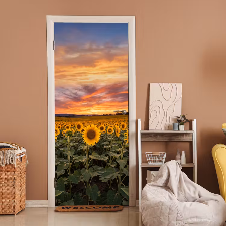 Deursticker - Zonnebloemen - Heuvellandschap - Geel — 2