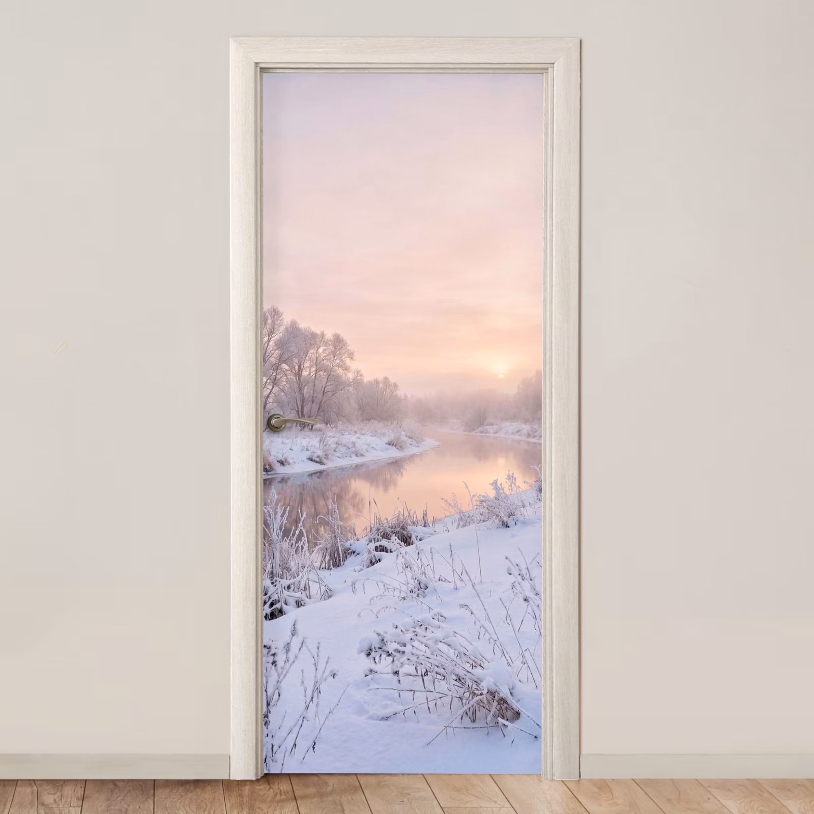 Deursticker - Rivier - Winter - Landschap - Sneeuw - Zonsopgang — 1