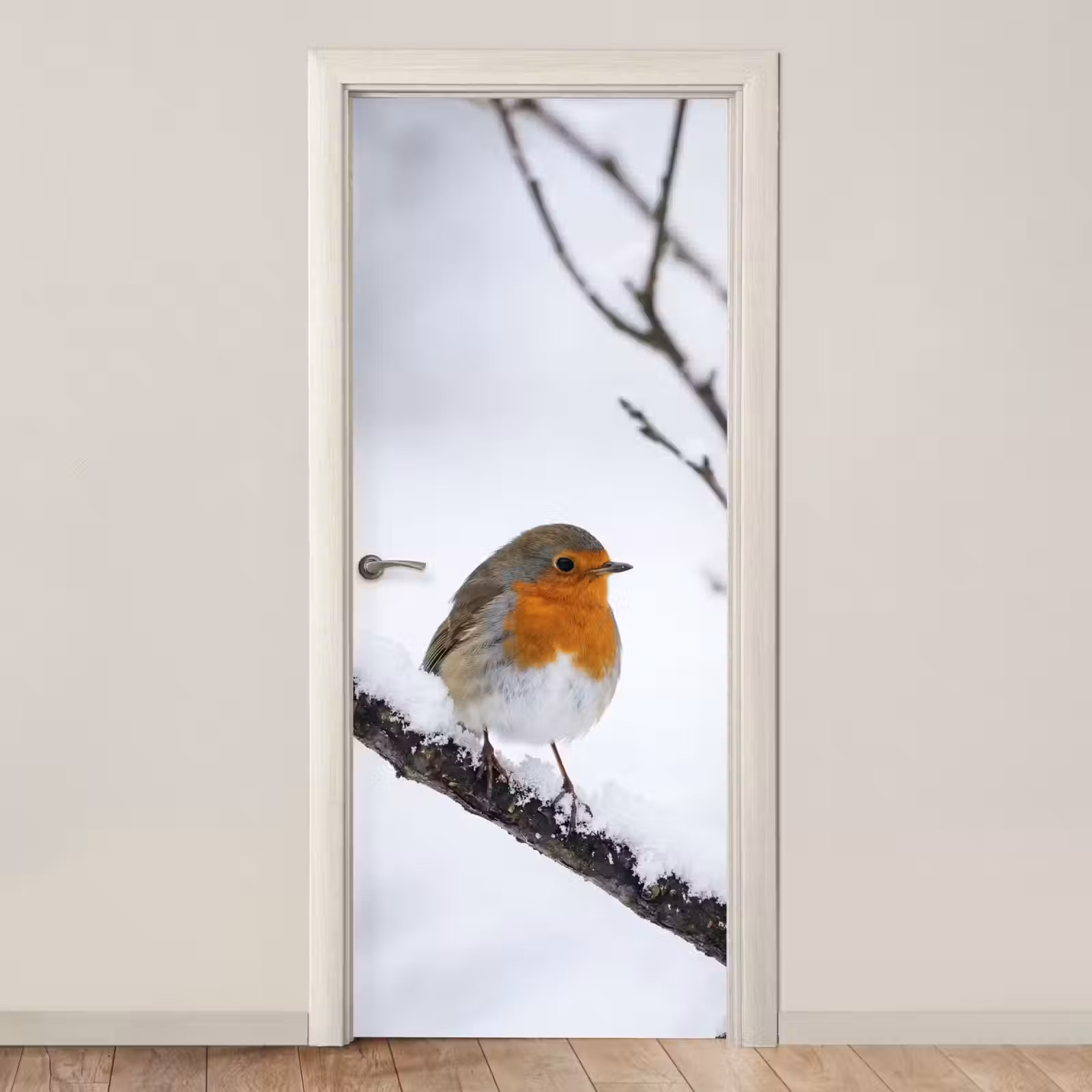 Deursticker - Roodborstje - Tak - Sneeuw - Winter - Levendig — 1