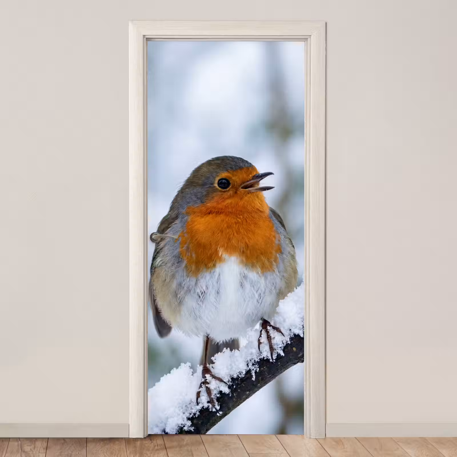 Deursticker - Roodborstje - Tak - Sneeuw - Winter - Levendig — 1