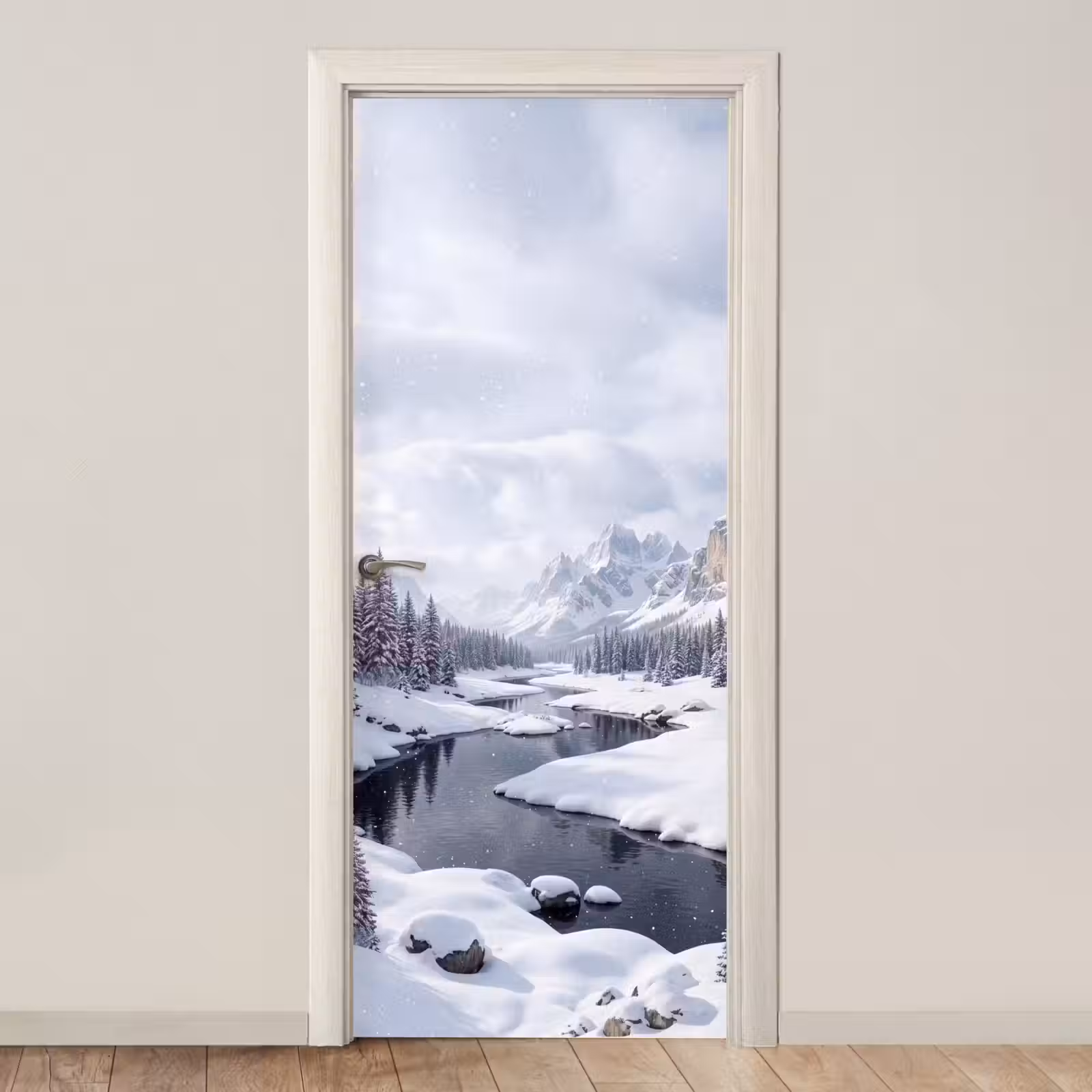Deursticker - Sneeuwlandschap - Bergen - Rivier - Winter — 1