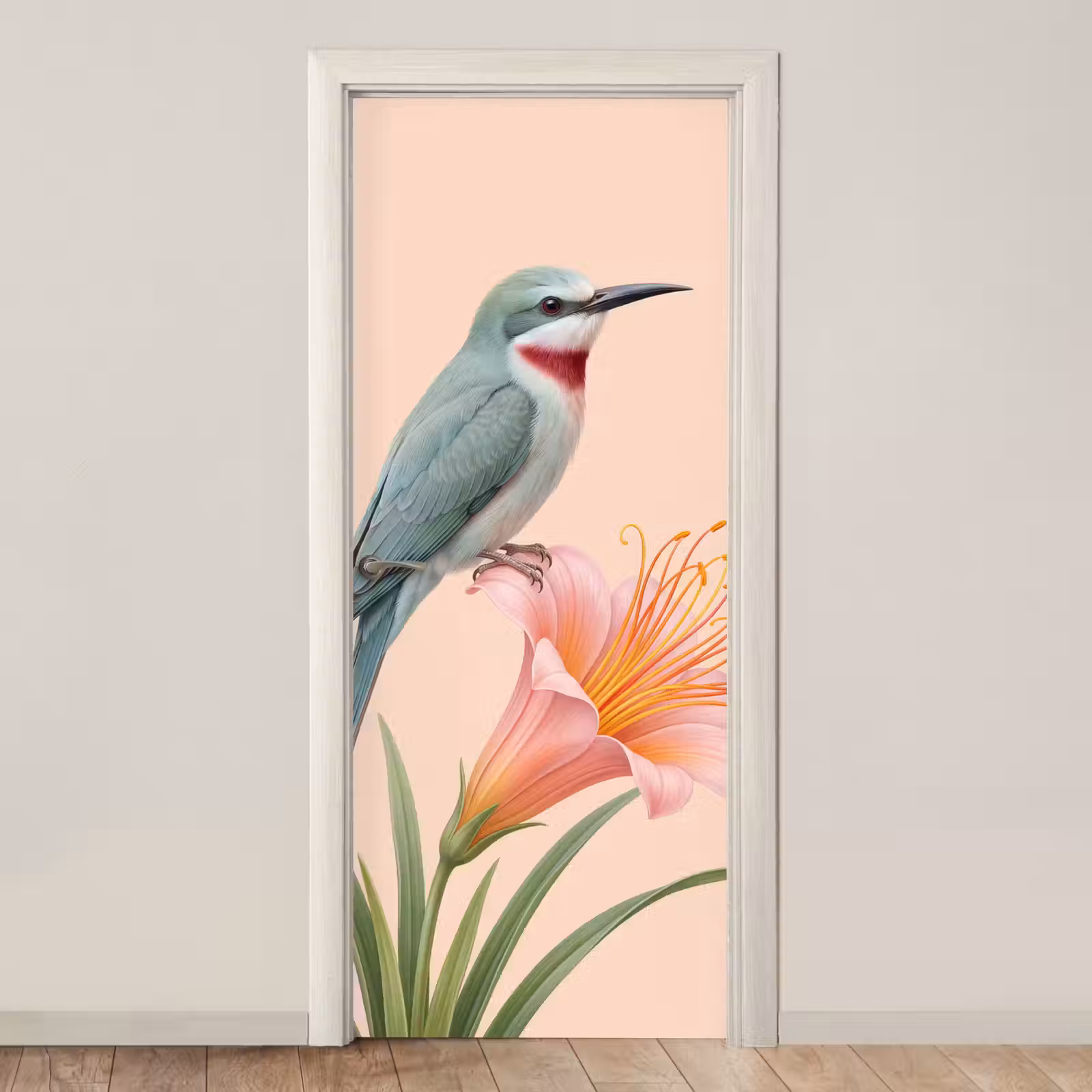 Deursticker - Vogel - Bloem - Natuur - Roze — 1
