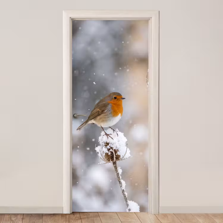 Deursticker - Roodborstje - Gedroogde bloem - Sneeuw - Winter - Vertederend — 1