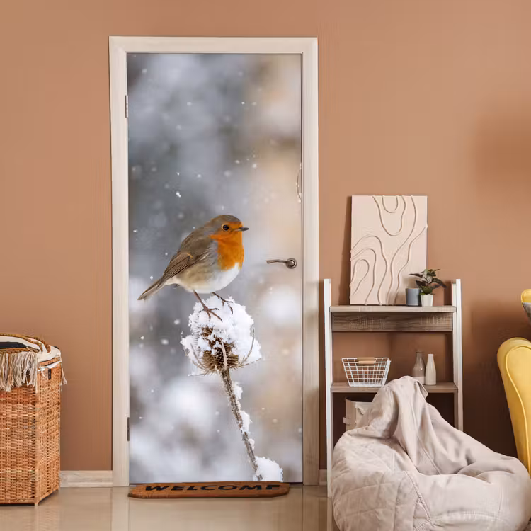 Deursticker - Roodborstje - Gedroogde bloem - Sneeuw - Winter - Vertederend — 2