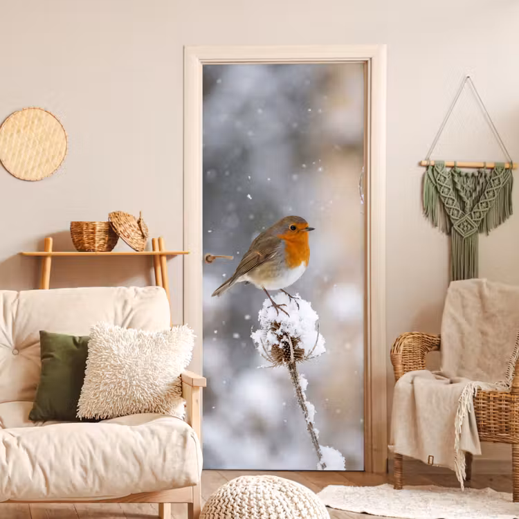 Deursticker - Roodborstje - Gedroogde bloem - Sneeuw - Winter - Vertederend — 4