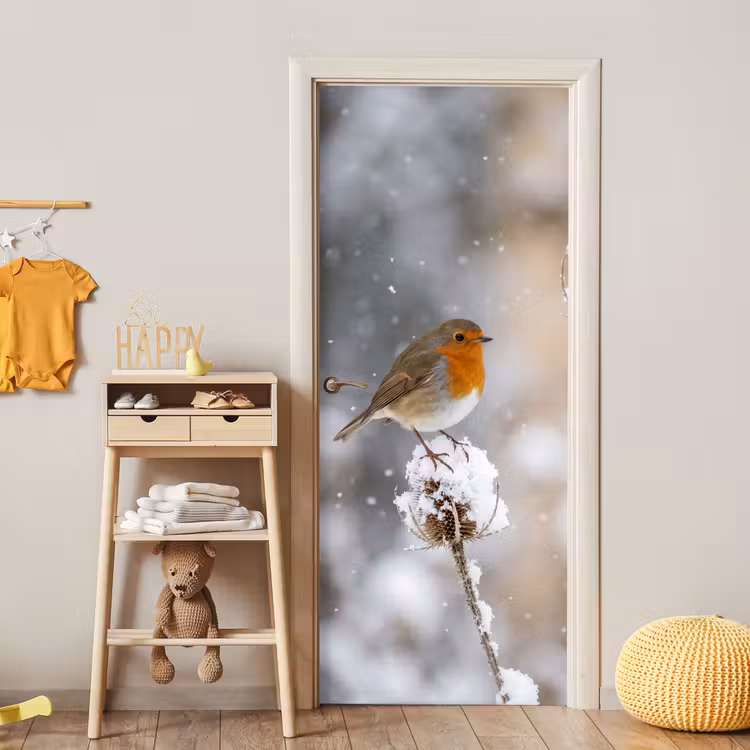 Deursticker - Roodborstje - Gedroogde bloem - Sneeuw - Winter - Vertederend — 6