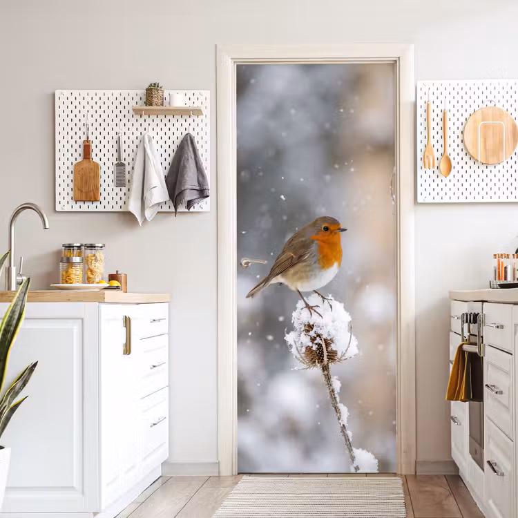 Deursticker - Roodborstje - Gedroogde bloem - Sneeuw - Winter - Vertederend — 7