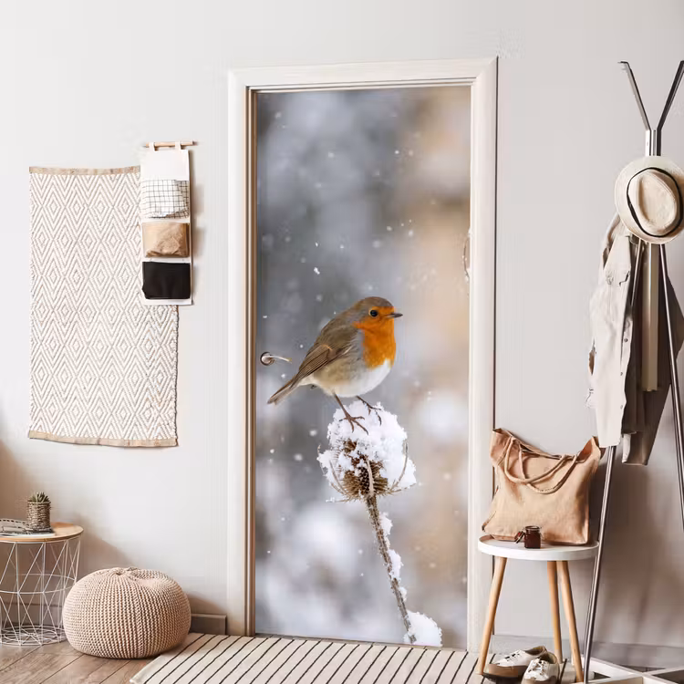 Deursticker - Roodborstje - Gedroogde bloem - Sneeuw - Winter - Vertederend — 8