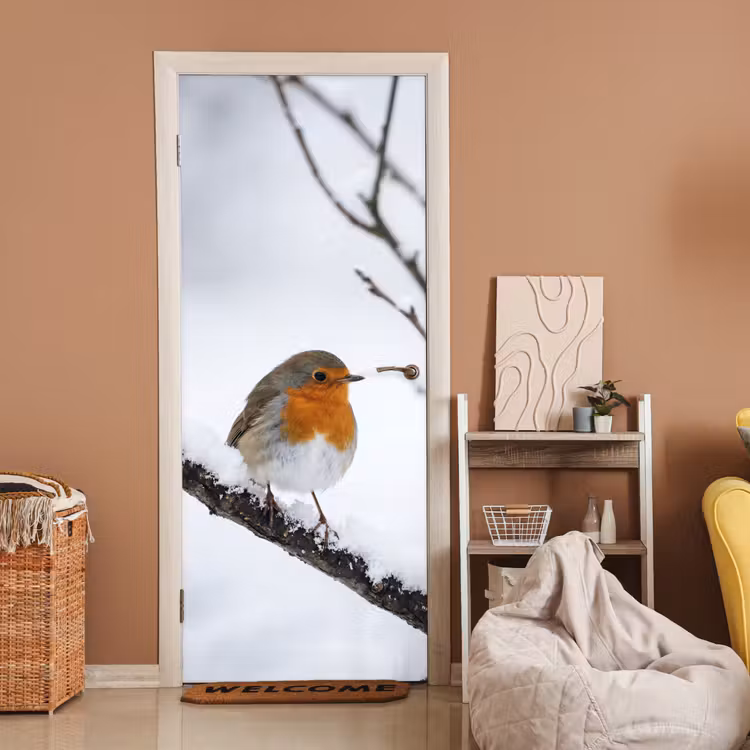 Deursticker - Roodborstje - Tak - Sneeuw - Winter - Levendig — 2