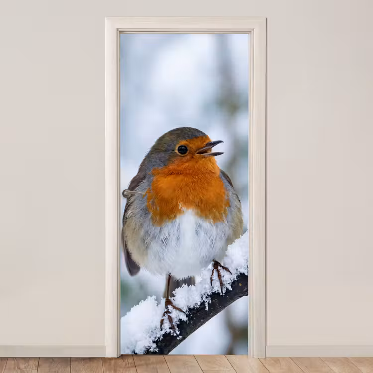 Deursticker - Roodborstje - Tak - Sneeuw - Winter - Levendig — 1