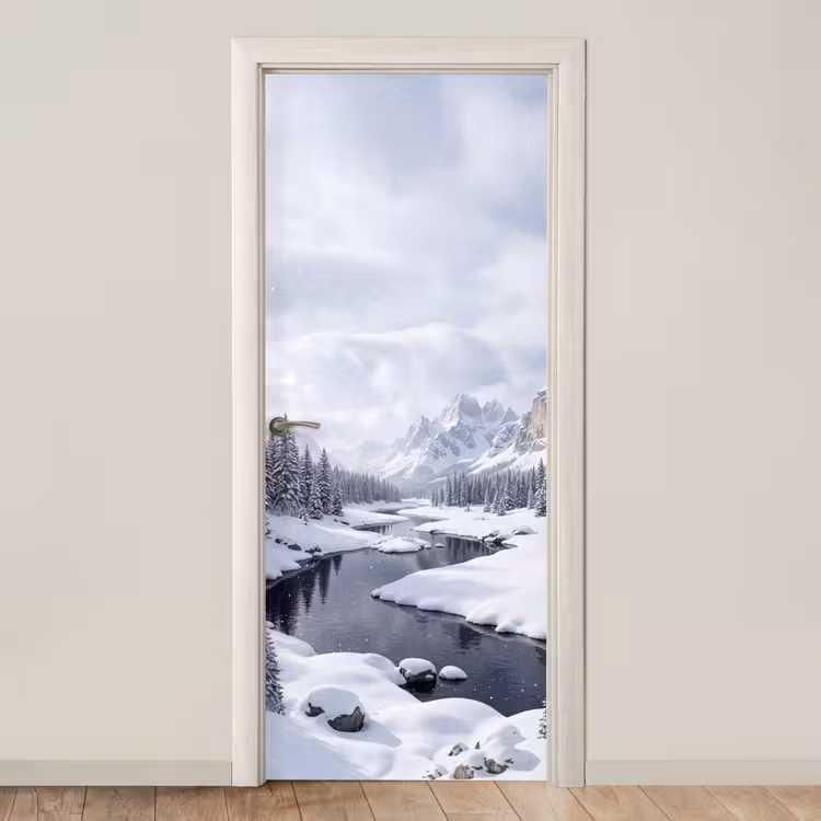Deursticker - Sneeuwlandschap - Bergen - Rivier - Winter — 1