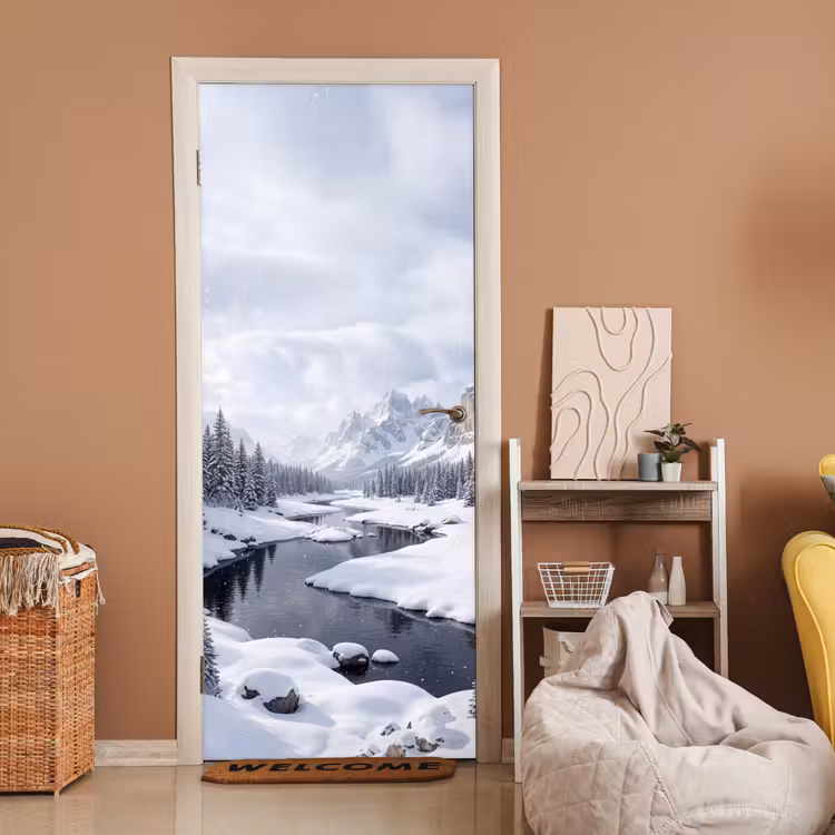 Deursticker - Sneeuwlandschap - Bergen - Rivier - Winter — 2