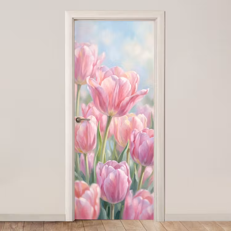 Deursticker - Tulpen - Veld - Lente - Roze — 1