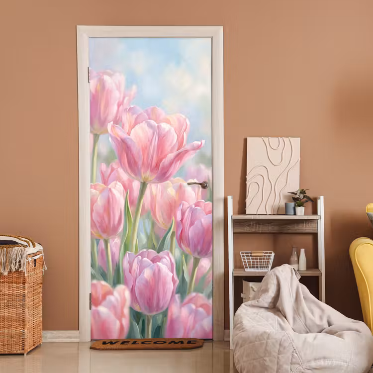 Deursticker - Tulpen - Veld - Lente - Roze — 2