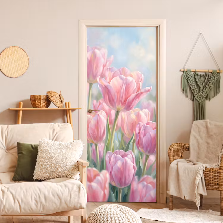 Deursticker - Tulpen - Veld - Lente - Roze — 4