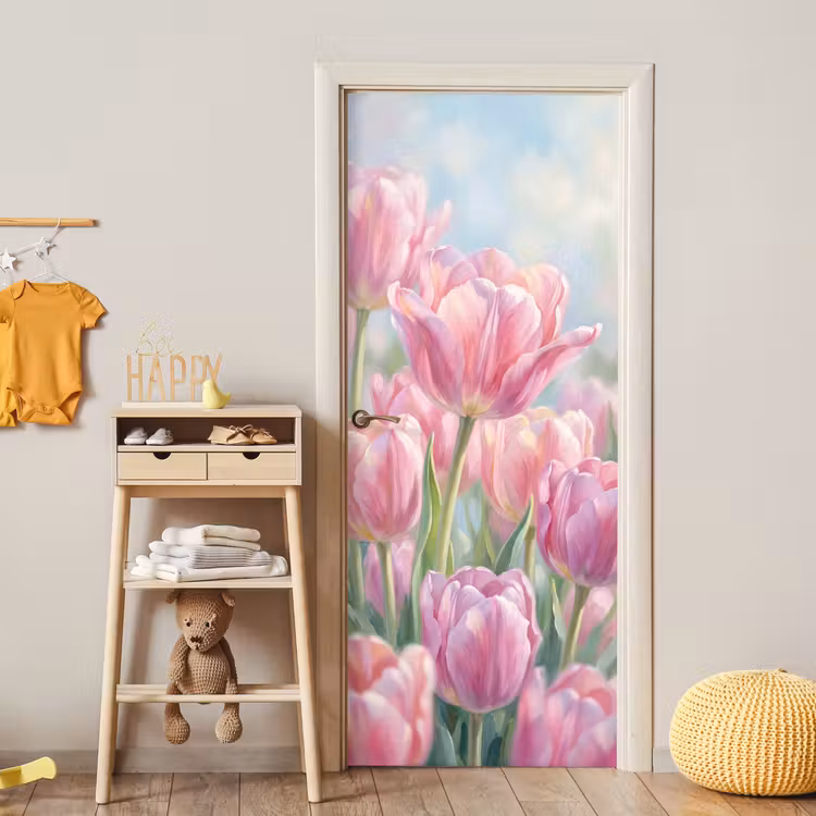 Deursticker - Tulpen - Veld - Lente - Roze — 6