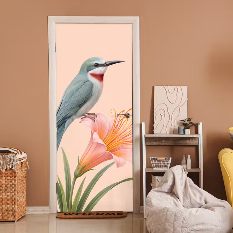 Deursticker - Vogel - Bloem - Natuur - Roze — 2