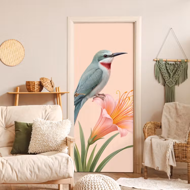 Deursticker - Vogel - Bloem - Natuur - Roze — 4