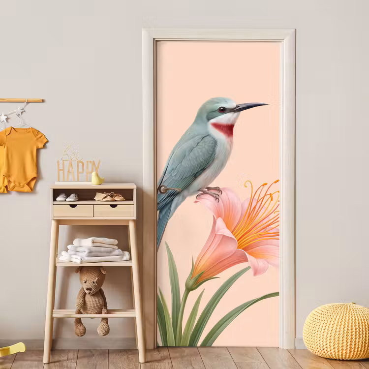 Deursticker - Vogel - Bloem - Natuur - Roze — 6