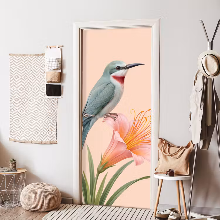 Deursticker - Vogel - Bloem - Natuur - Roze — 8