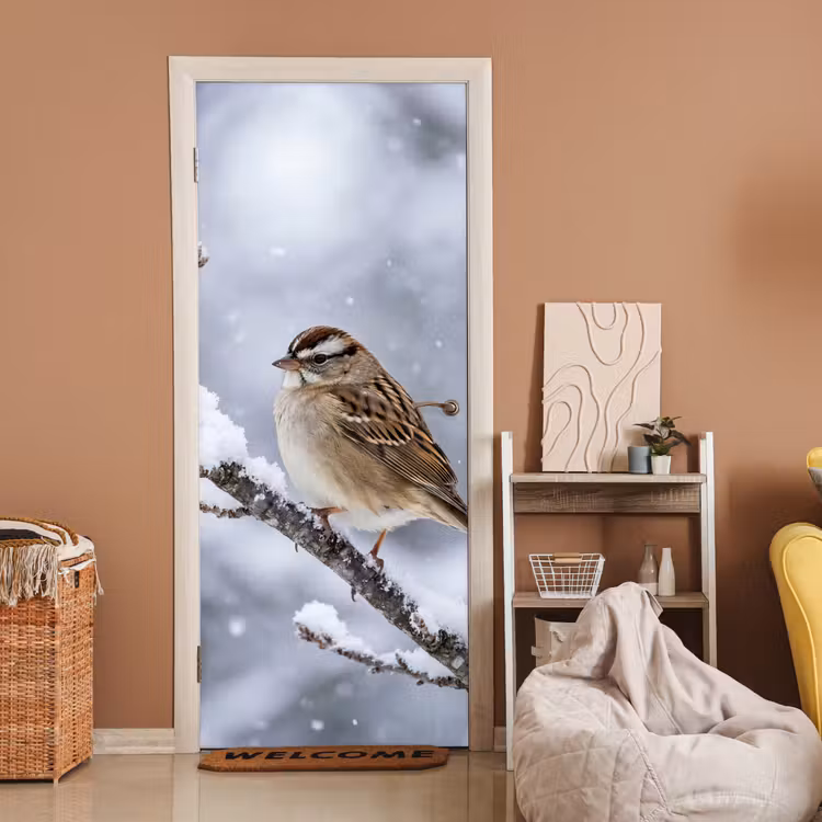 Deursticker - Vogel - Tak - Sneeuw - Winter — 2