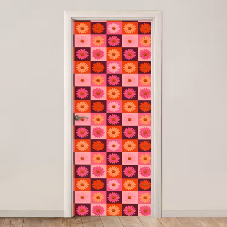 Deursticker - Madeliefjes - Dambord - Retro - Roze - Oranje — 1