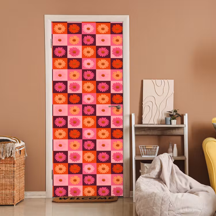 Deursticker - Madeliefjes - Dambord - Retro - Roze - Oranje — 2