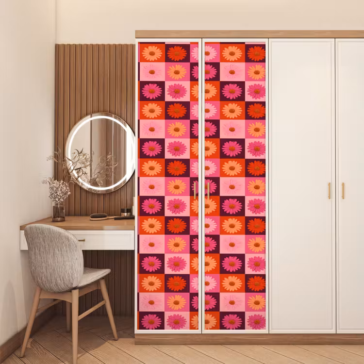 Deursticker - Madeliefjes - Dambord - Retro - Roze - Oranje — 5