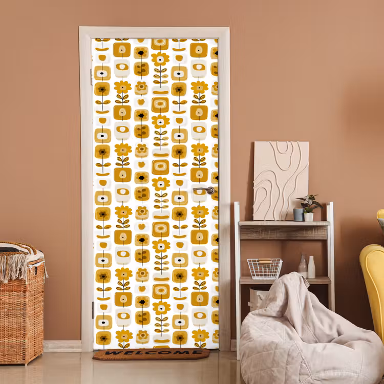 Deursticker - Retro - Abstract - Bloemen - Okergeel — 2