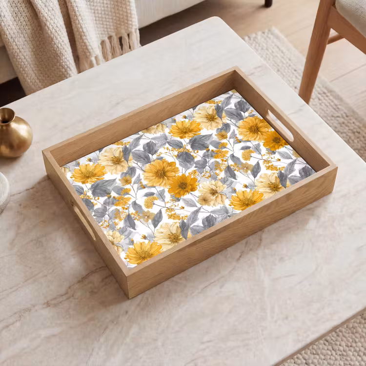 Dienblad - Bloemen - Botanisch - Elegant - Okergeel - Grijs — 2