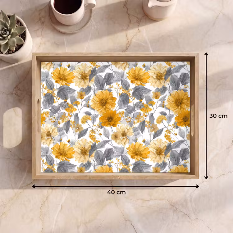 Dienblad - Bloemen - Botanisch - Elegant - Okergeel - Grijs — 9