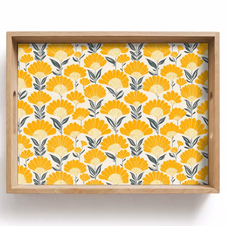 Dienblad - Bloemen - Retro - Botanisch - Okergeel - Grijs — 1