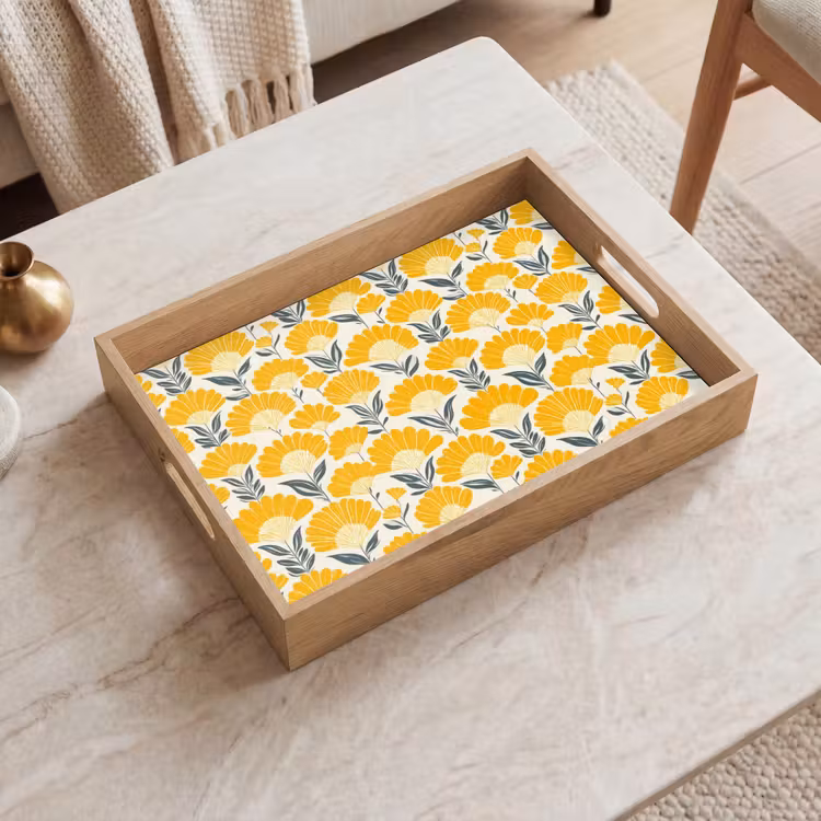 Dienblad - Bloemen - Retro - Botanisch - Okergeel - Grijs — 2