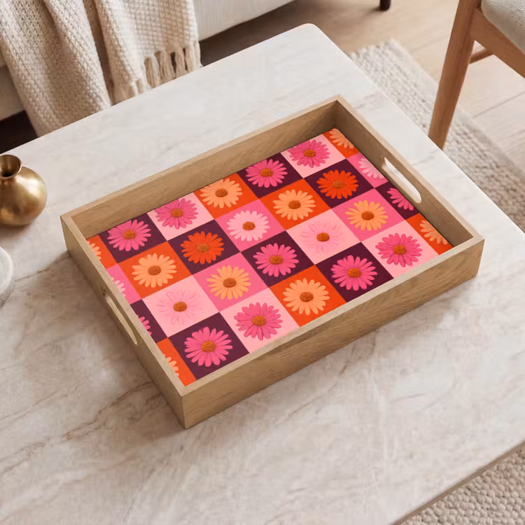 Dienblad - Madeliefjes - Dambord - Retro - Roze - Oranje — 2