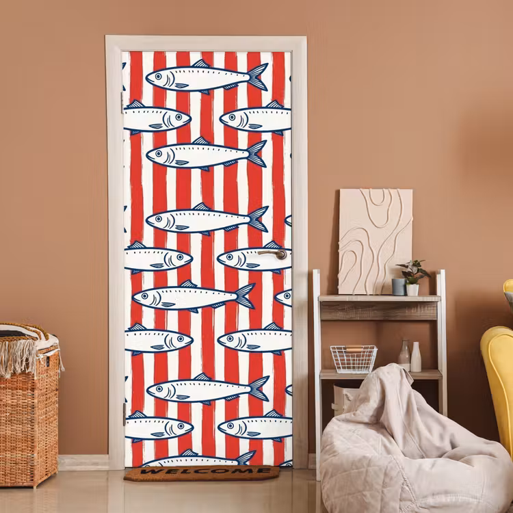 Deursticker - Vis - Patroon - Strepen - Illustratie - Rood — 2