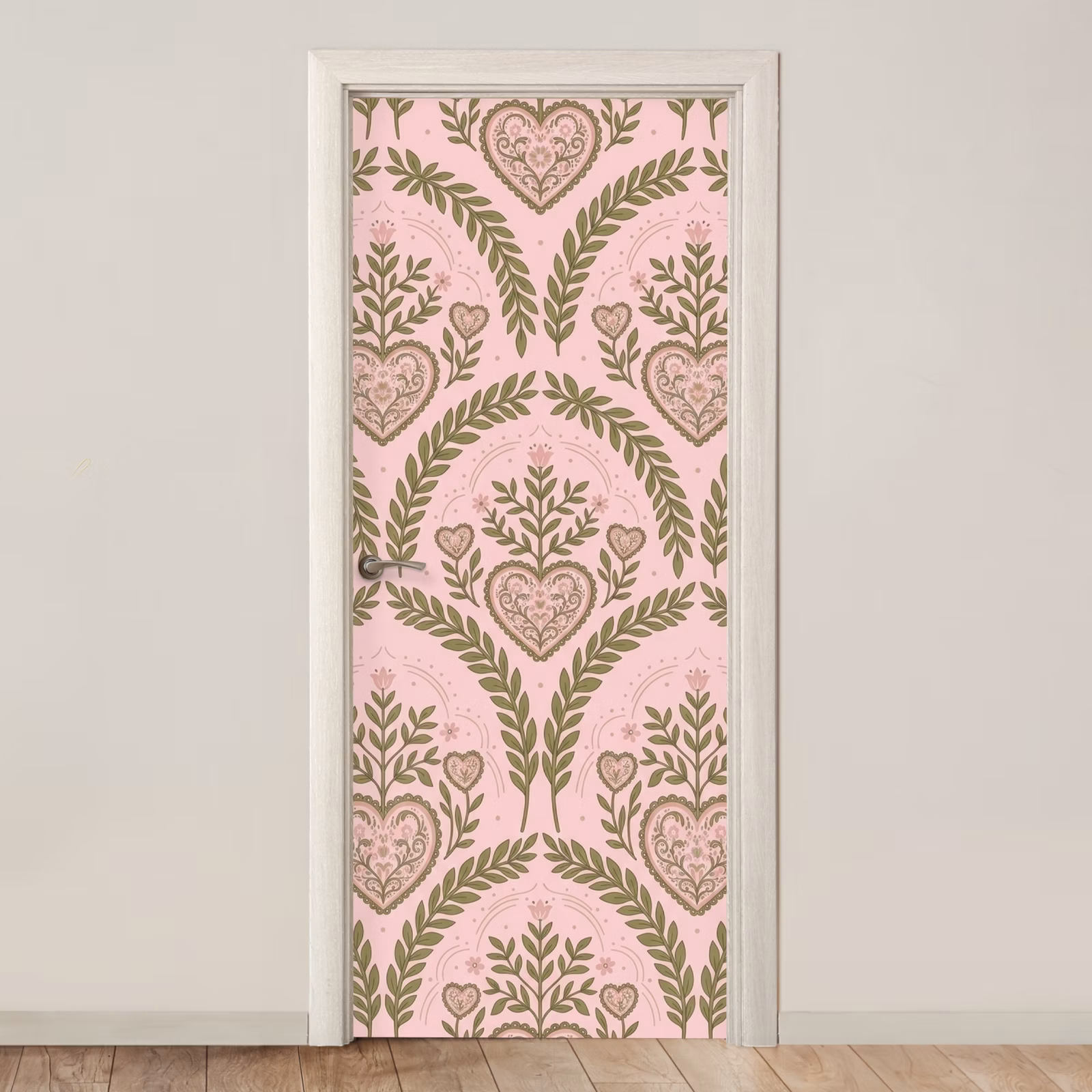 Deursticker - Patroon - Hart - Bloemen - Folkloristisch - Roze — 1