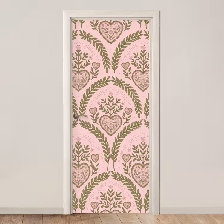 Deursticker - Patroon - Hart - Bloemen - Folkloristisch - Roze — 1