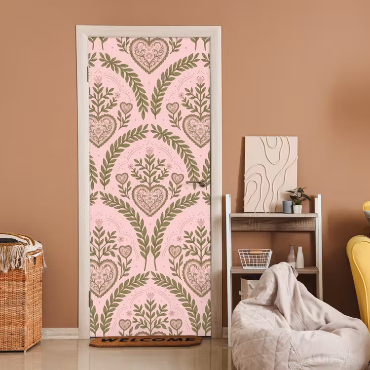 Deursticker - Patroon - Hart - Bloemen - Folkloristisch - Roze — 2