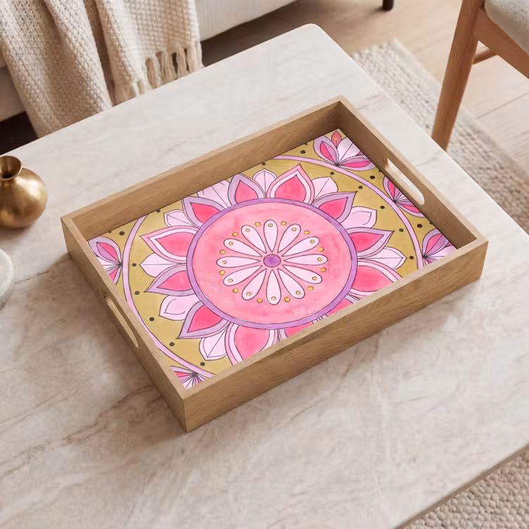 Dienblad - Mandala - Patroon - Kunst - Aquarel - Roze — 2