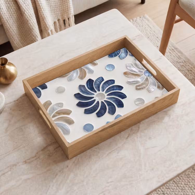Dienblad - Bloemen - Parelmoer - Abstract - Patroon - Blauw — 2