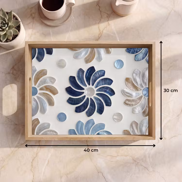 Dienblad - Bloemen - Parelmoer - Abstract - Patroon - Blauw — 9