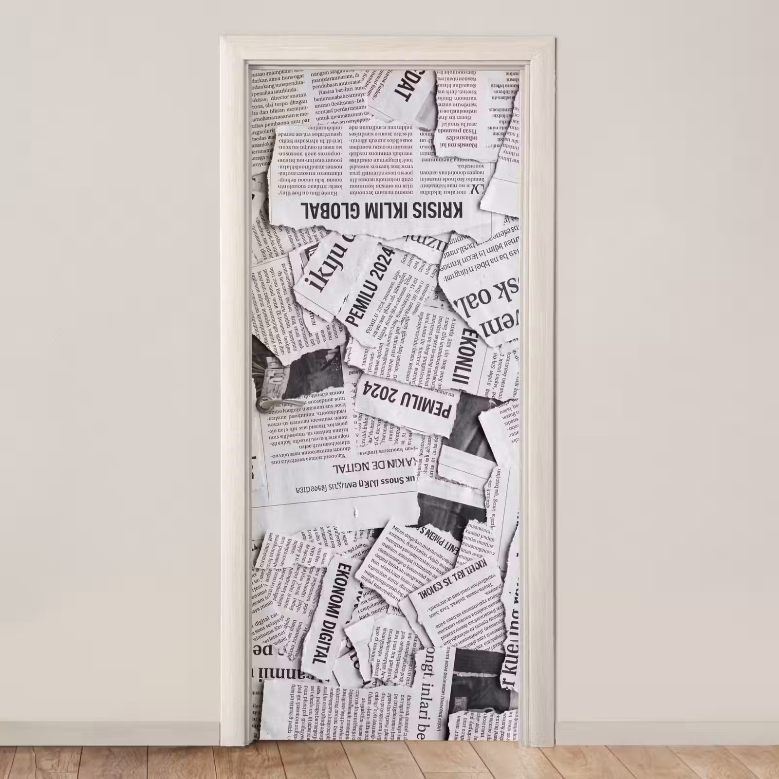 Deursticker - Krant - Versnipperd - Textuur - Zwart-wit - Abstract — 1