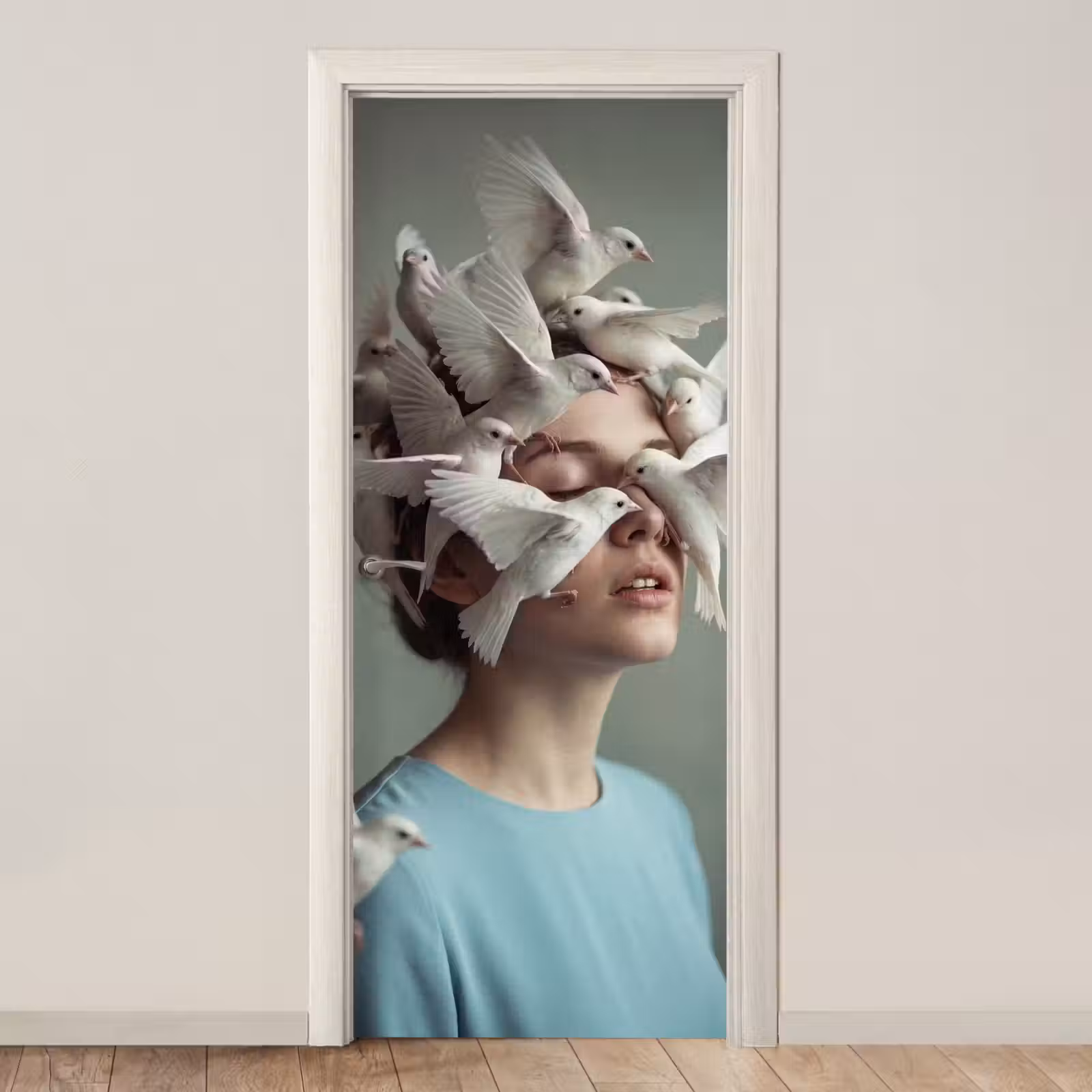 Deursticker - Vrouw - Vogels - Abstract - Modern - Wit — 1