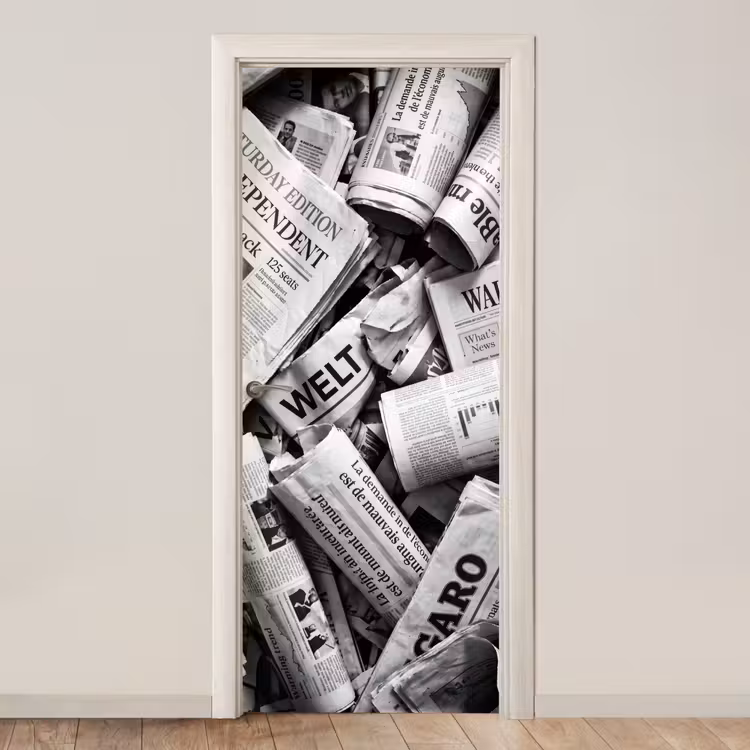 Deursticker - Krant - Stapel - Nieuws - Zwart-wit — 1